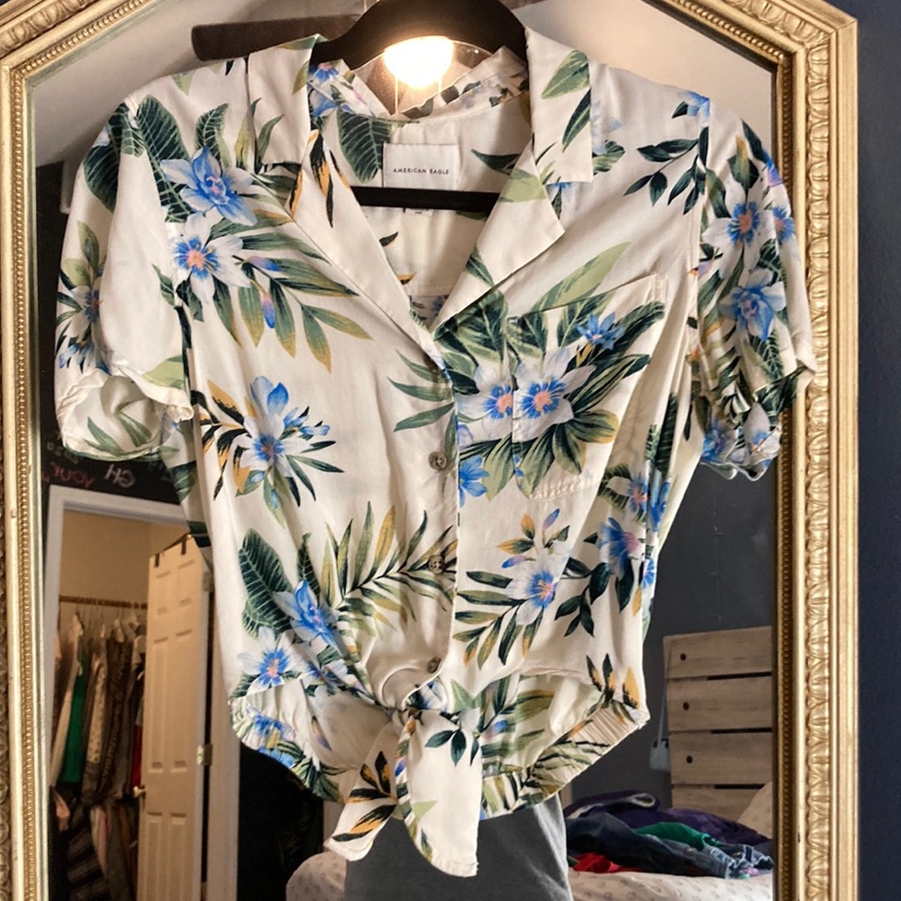 Tropical American eagle front tie blouse